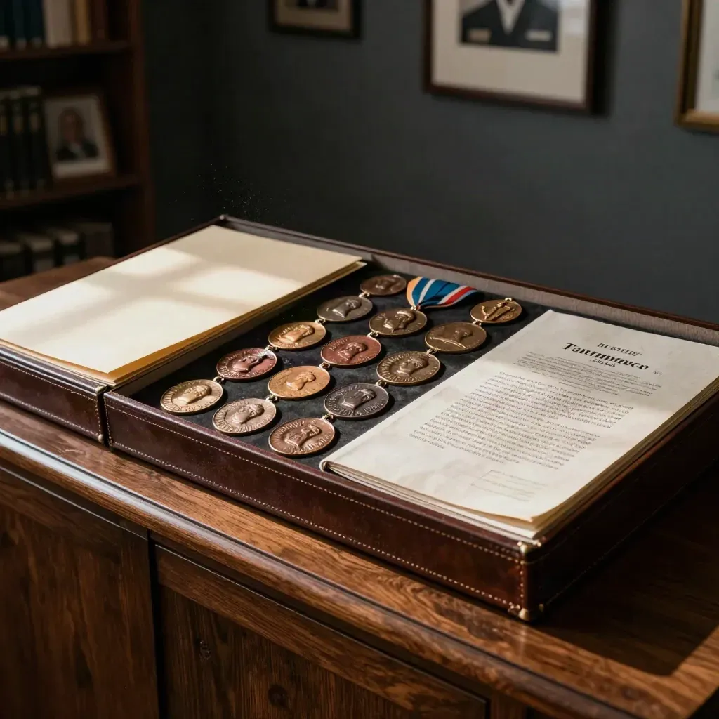 Veteran legacy box with medals, folders, and remembrance folio on a dark oak shelf