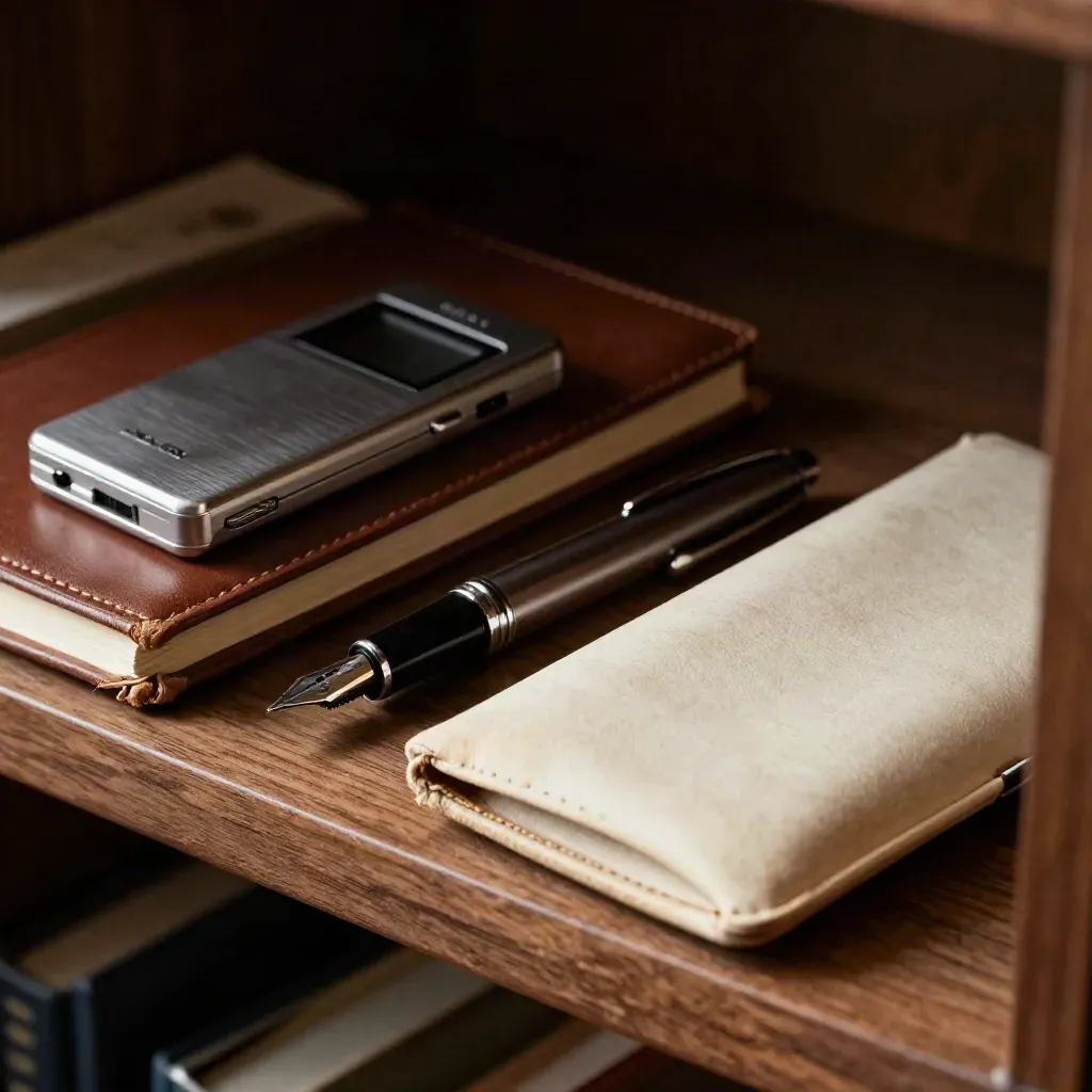 Memoir writer’s interview kit on walnut: pen, recorder, leather notebook and glasses case.