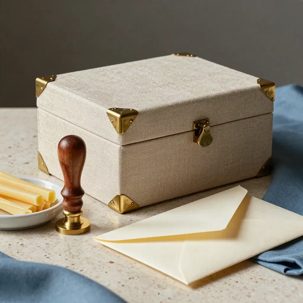 Archive box with brass corners, wax seal set, and sealed envelope on travertine.