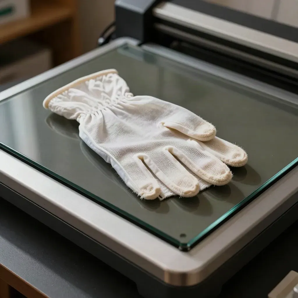 Scanner glass, cotton gloves, sleeves, and cloth in a dramatic archival close-up.