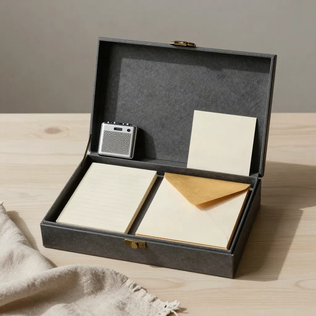 Slate planning box with blank cards, recorder, and keepsake sleeves on pale wood.