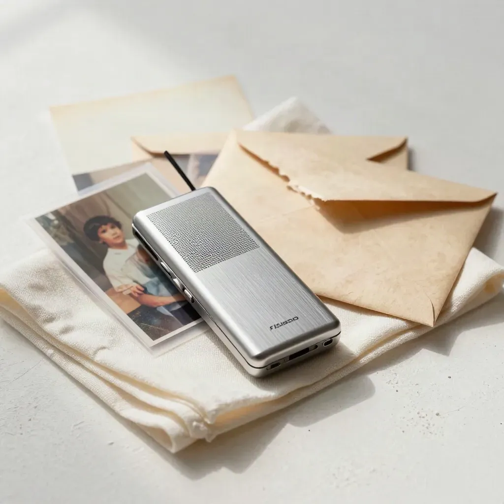 Voice recorder, photo sleeves, and parchment envelopes on a pale plaster surface.
