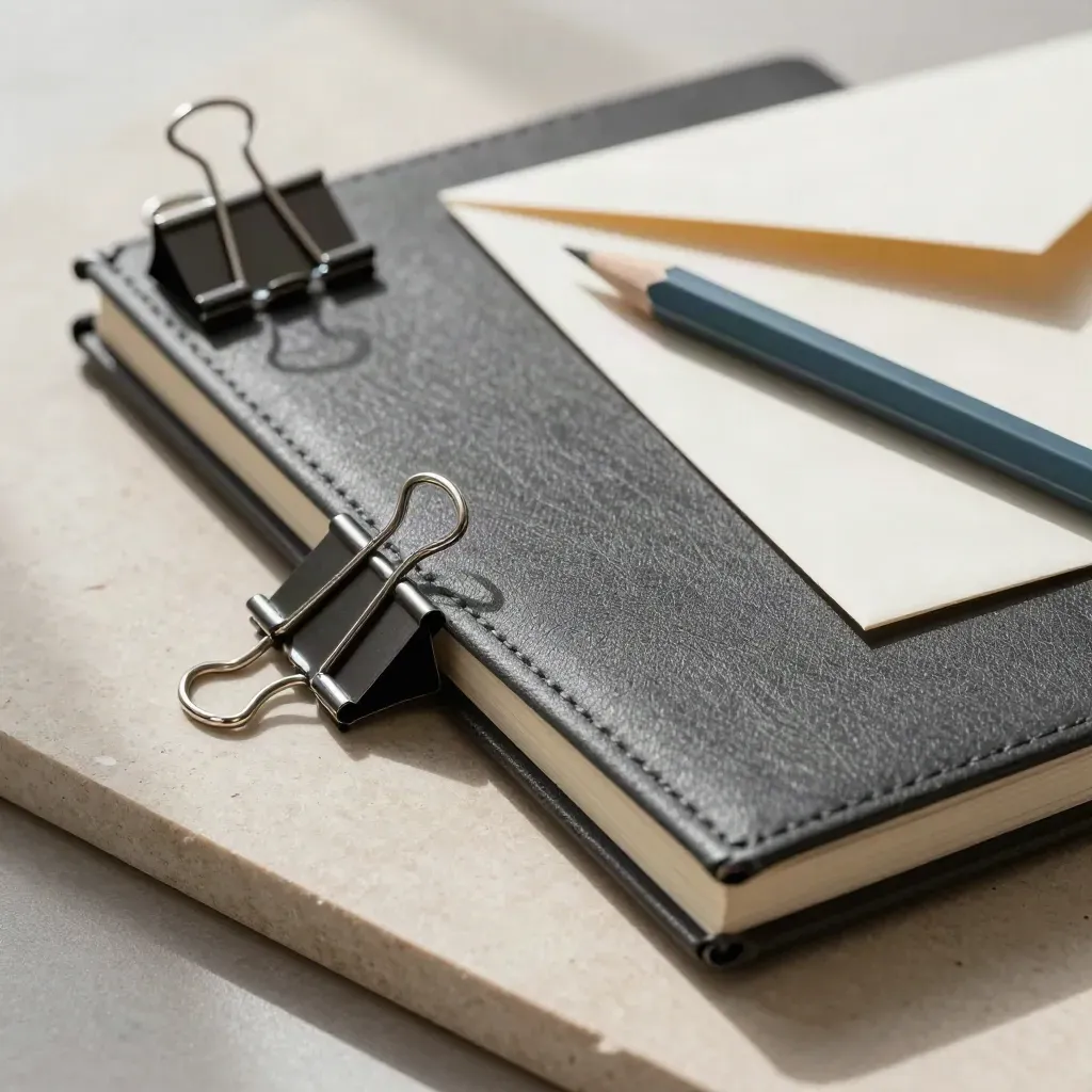 Closed notebook with binder clips, slate-blue pencil and proof envelope on limestone.
