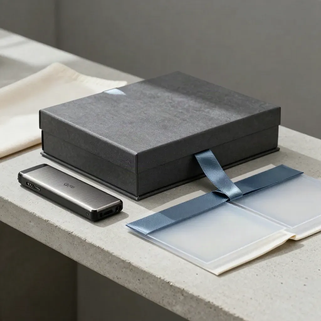 Archive box, duplicate drive, ribbon tie and sleeves on a stone tray in soft daylight