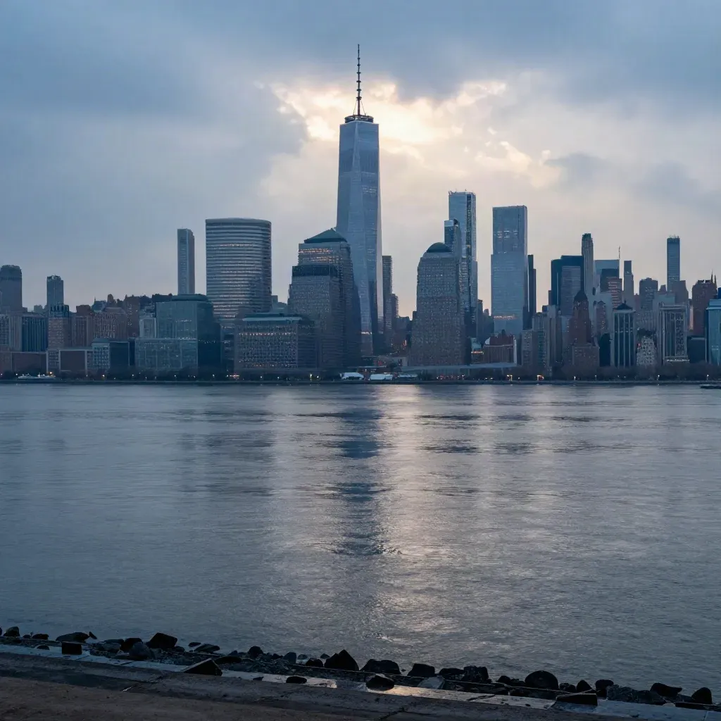 Lower Manhattan skyline above a misty Hudson River at blue hour after rain