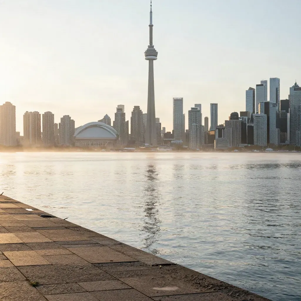 Toronto skyline and CN Tower above calm Lake Ontario at sunrise