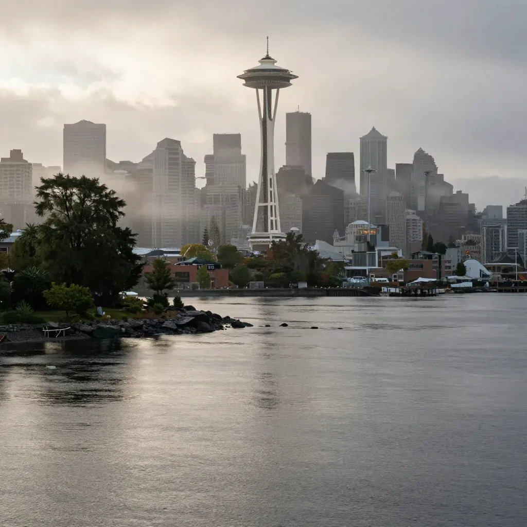 Seattle skyline with Space Needle above a misty harbor and evergreen slopes