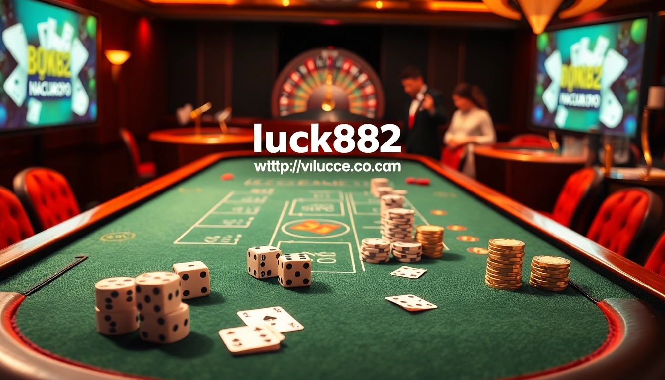 Engage with high-stakes action at a luxurious casino table featuring dice, chips, and the website https://luck882.co.com/ displayed elegantly.