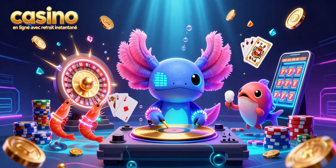 Dans un casino en ligne avec retrait instantané, un DJ axolotl animé joue tandis que des crevettes dansent autour de lui.