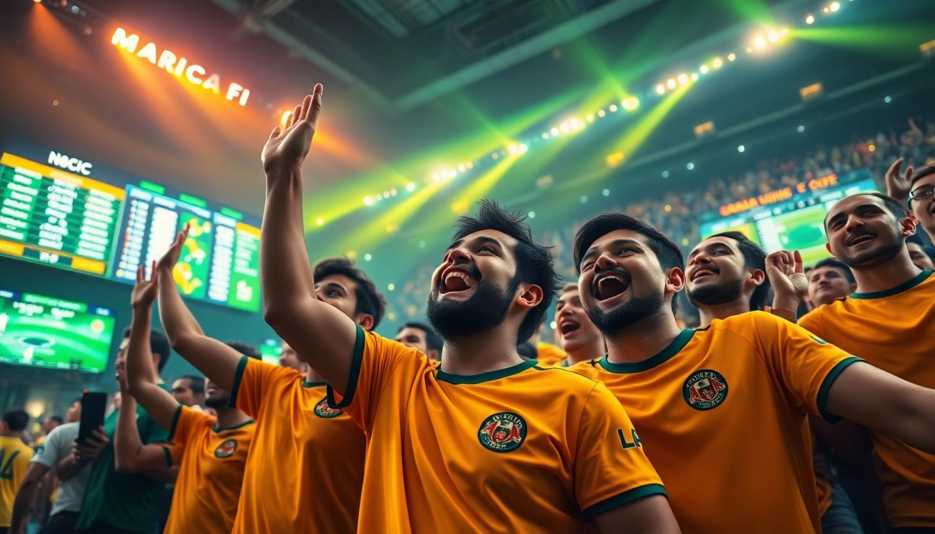 Exciting scene of soccer fans celebrating with live betting odds displayed, highlighting tỷ lệ kèo for online betting.