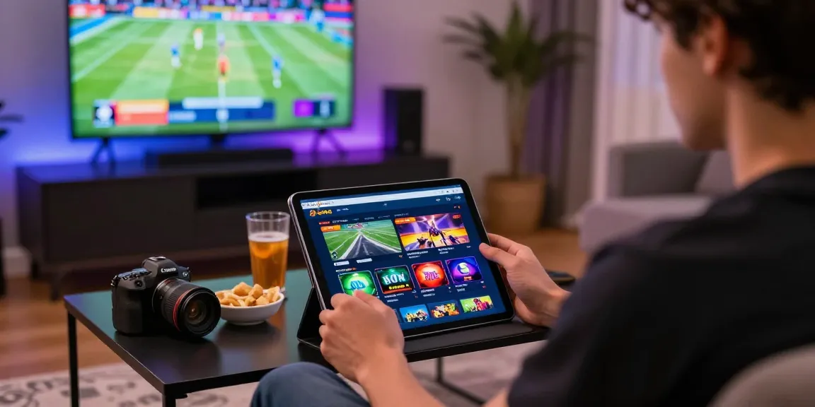 Engaging player enjoying online betting at nhà cái shbet in a modern living room setting.