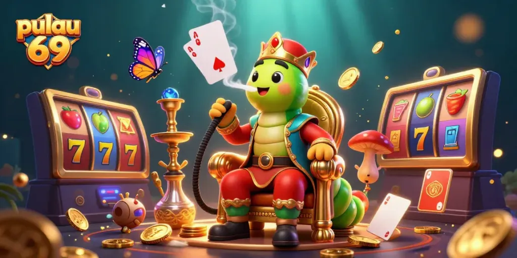 Experience pulau 69 with a lively 3D illustration of a whimsical casino filled with slot games and treasures.