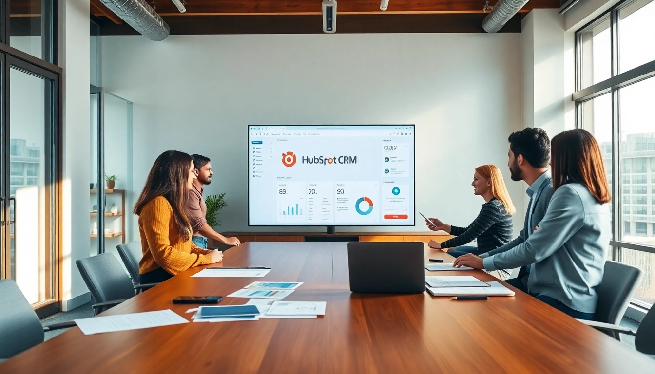 Showcase team collaboration around HubSpot CRM free in a modern office setting.