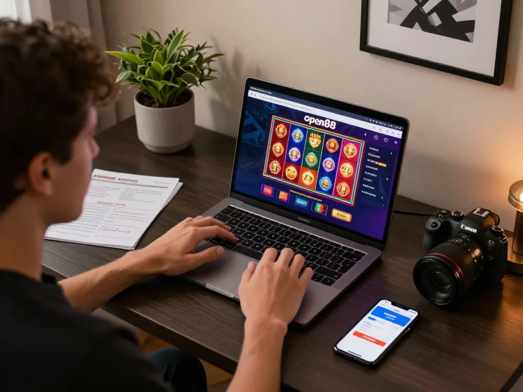 Player enjoying open88 online gaming with vibrant visuals and strategic notes in a cozy setting.