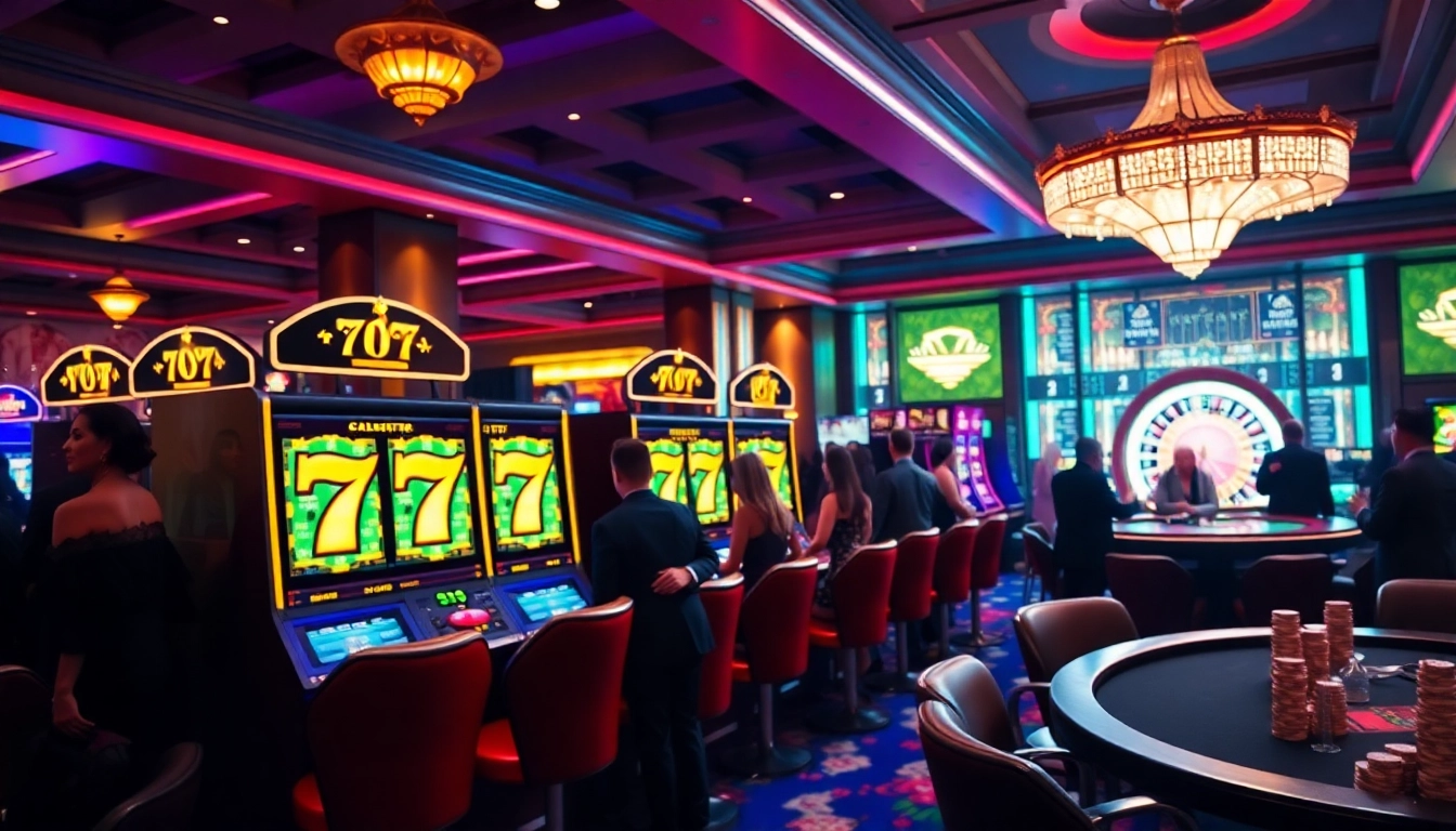 Excited players enjoying slot 777 machines in a luxurious casino setting with vibrant lighting.