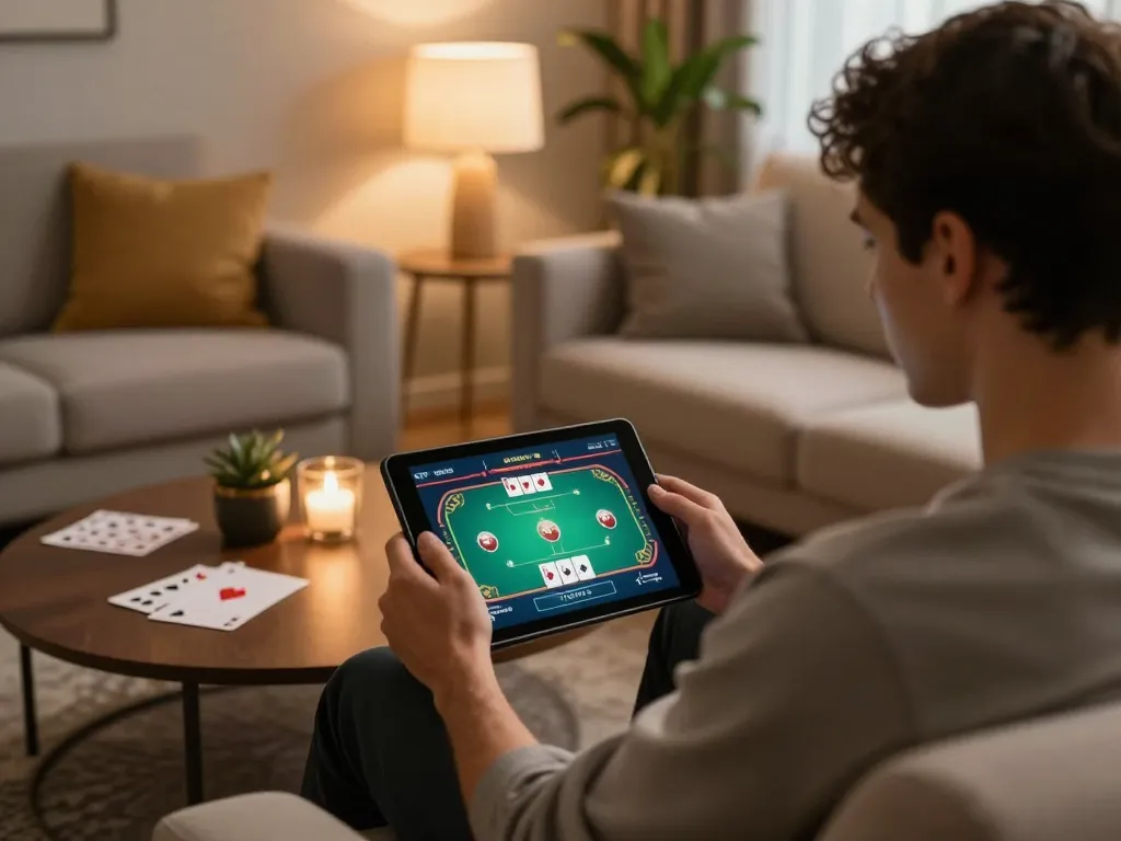 SUNWIN offers engaging online gaming experience with a player using tablet for poker in a cozy setup