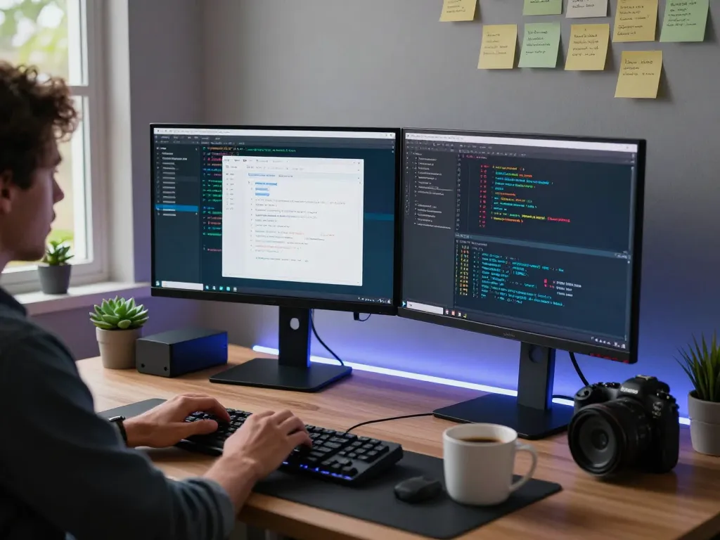 Moltbot mac setup featuring a user coding on a Mac Mini with dual monitors and coffee.