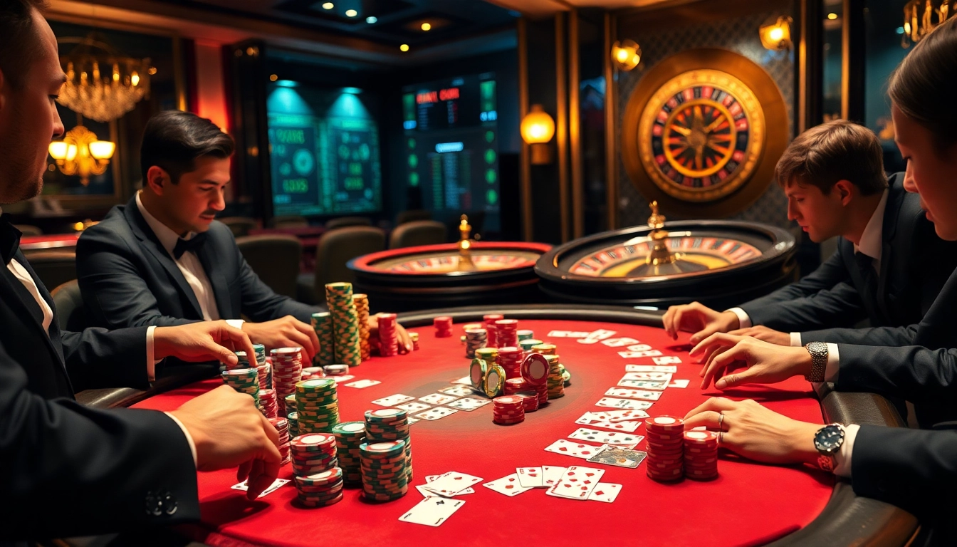 Sebuah permainan poker yang mendebarkan menggambarkan pemain yang percaya diri bersaing dengan chip dan kartu yang cerah.