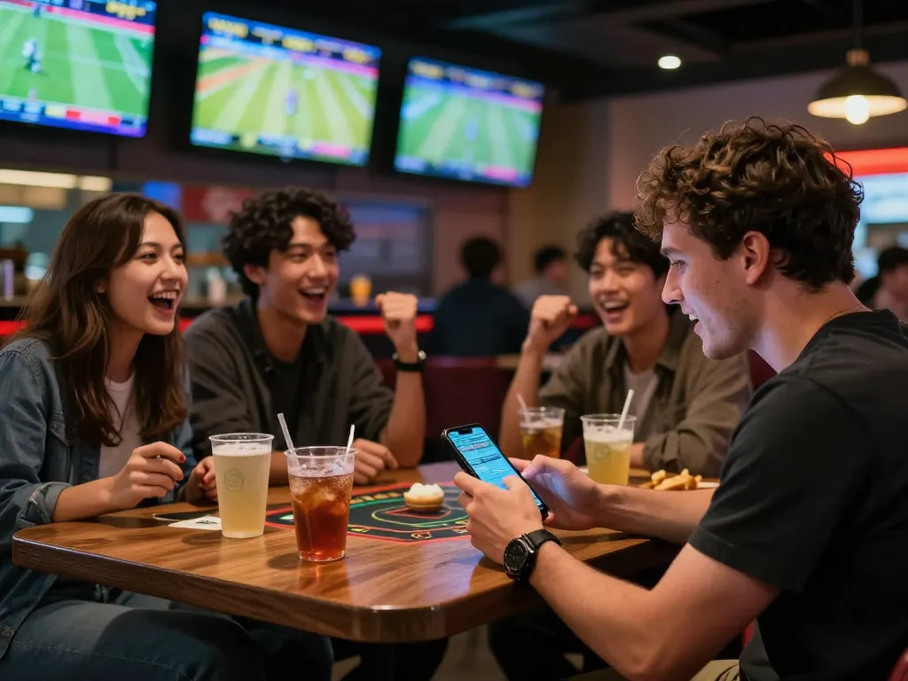 Engaging in sports betting on alexis77 with friends in a lively bar.
