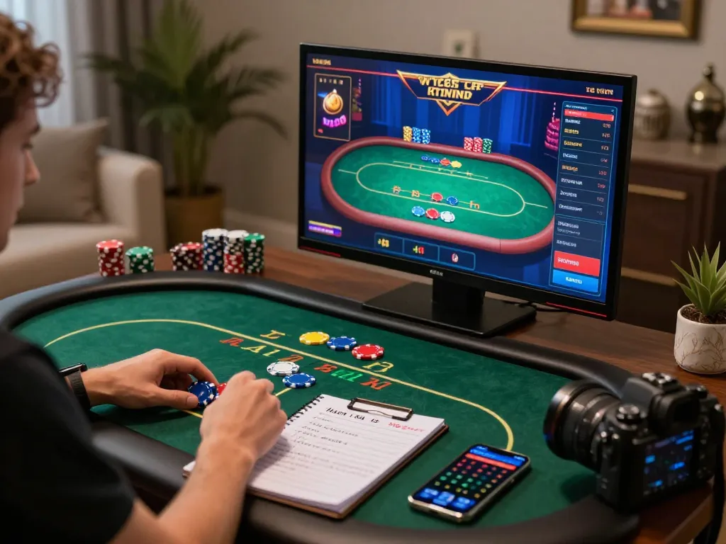Player engaging with mm88 online casino games on multiple screens, highlighting a poker game setup.
