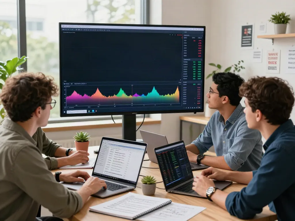 Traders collaborating over TradingView charts in a bright office