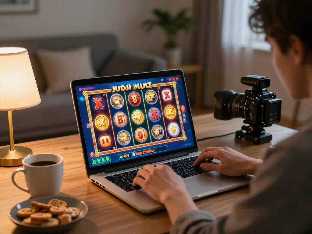 Engaging in judi slot gameplay at home, showcasing a vibrant online casino session on a laptop
