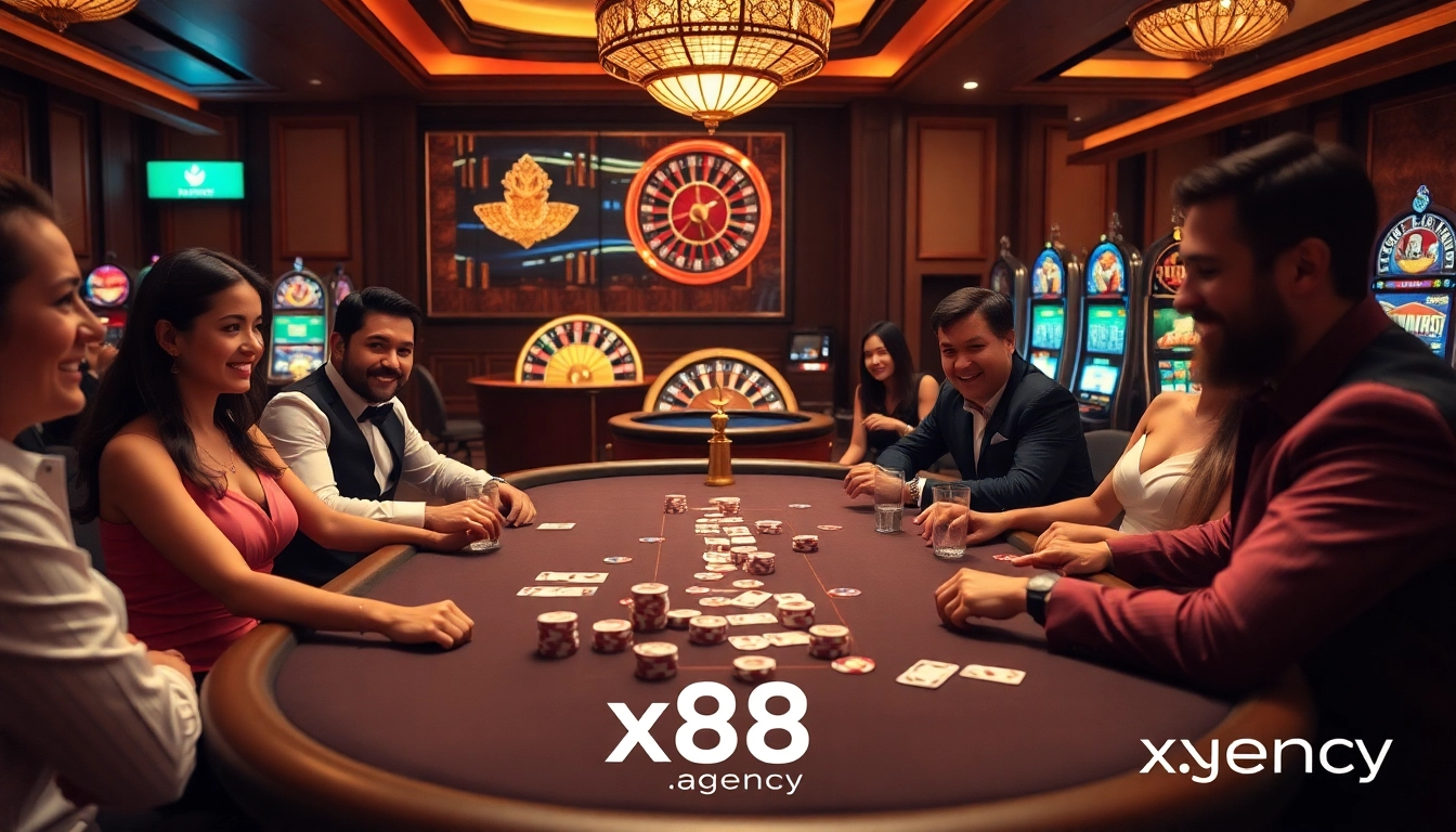 Players engaging in high-stakes poker at x88.agency casino, showcasing thrilling interactions and luxury.