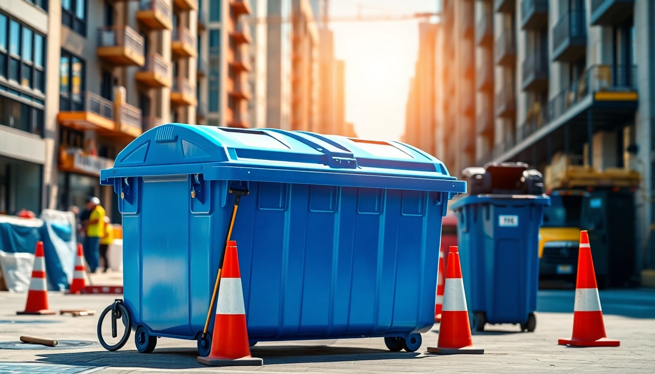 Rent a bright blue disposal bins rental in a bustling urban setting with construction activity.