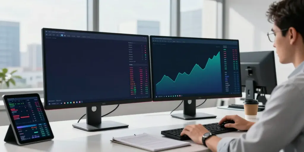 Trader analyzing financial data using MetaTrader 5 on dual monitors in a modern office.