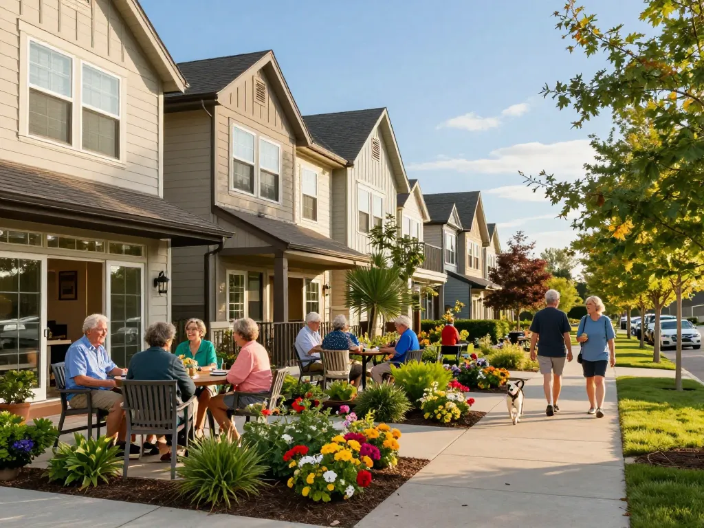 Residents enjoying a vibrant lifestyle in 55+ communities Long Island, showcasing beautiful townhomes and community activities.