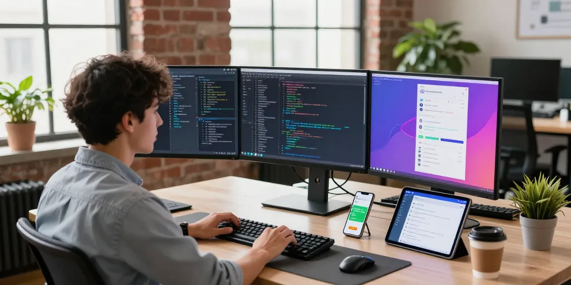 WhatsApp下載 and coding in a modern tech workspace with vibrant app design screens.