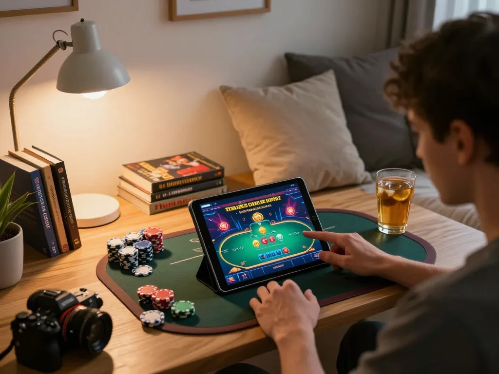 Engaging with Thabet online casino via tablet during a focused home gaming session.