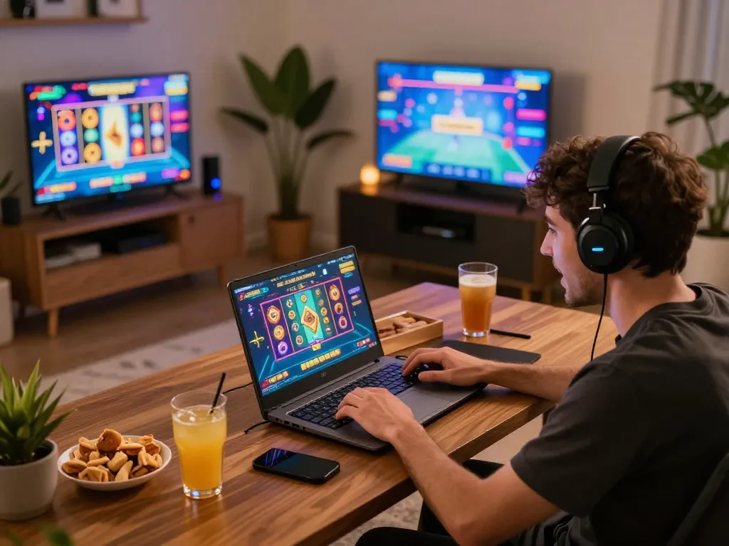 Engaging in judi slot online with enthusiastic player at modern home setup enjoying exciting gameplay.