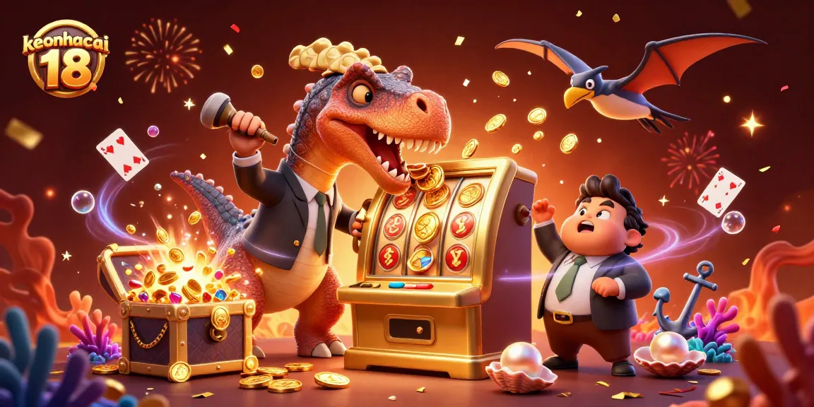 Experience the thrill of keonhacai 18 as a pachycephalosaurus strikes a jackpot slot machine amidst golden coins and vibrant casino elements.