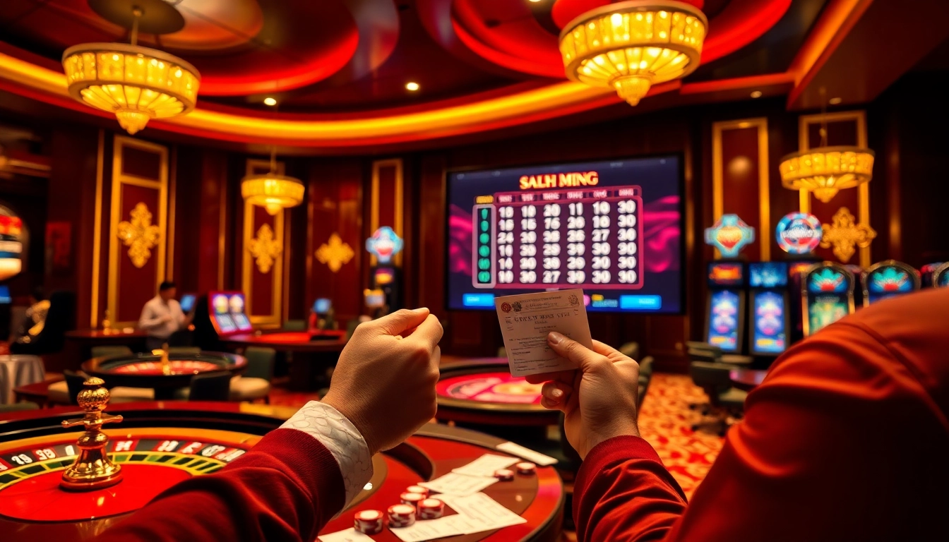 Kết quả xổ số hôm nay displayed prominently in a luxurious casino setting with gamblers excitedly checking their tickets.