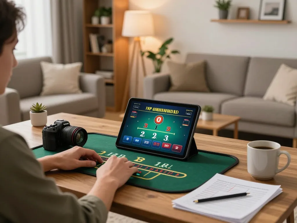 Player enjoying 32win online casino gaming at home with tablet and strategy notes.