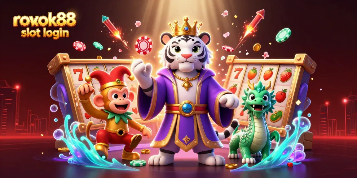 Experience exciting wins at ROKOK88 slot login with this dynamic illustration showcasing a tiger and monkey in a casino setting.