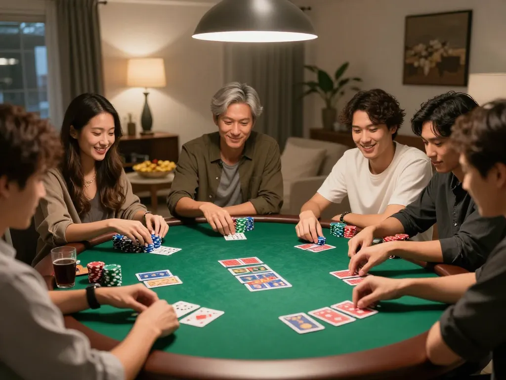 Players enjoying a lively poker game at home showcasing fb88, with chips and cards on a green felt table.