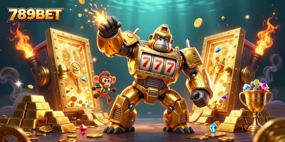 Engage in exciting gameplay at 789BET with a golden gorilla mech exploding coins in a vibrant casino scene.