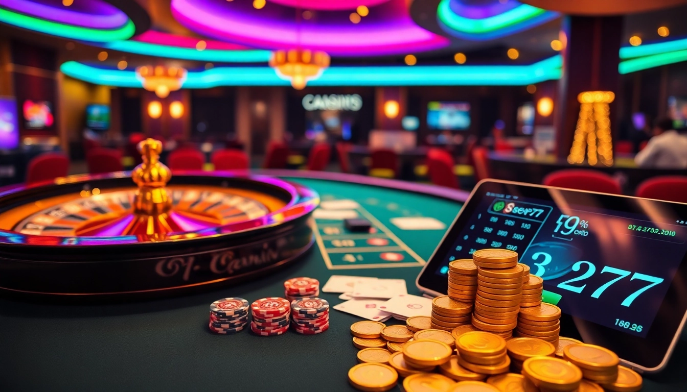 Experience the excitement of seven77 at a lavish casino table with spinning roulette and vibrant chips.