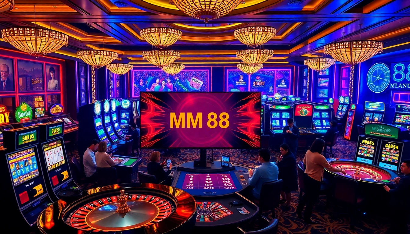 Players enjoying exciting games at MM 88 casino with vibrant slots and poker tables.