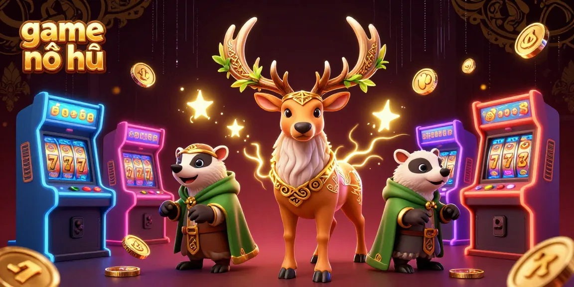 Engaging illustration of game nổ hũ featuring a Celtic stag and badger amidst vibrant arcade machines.