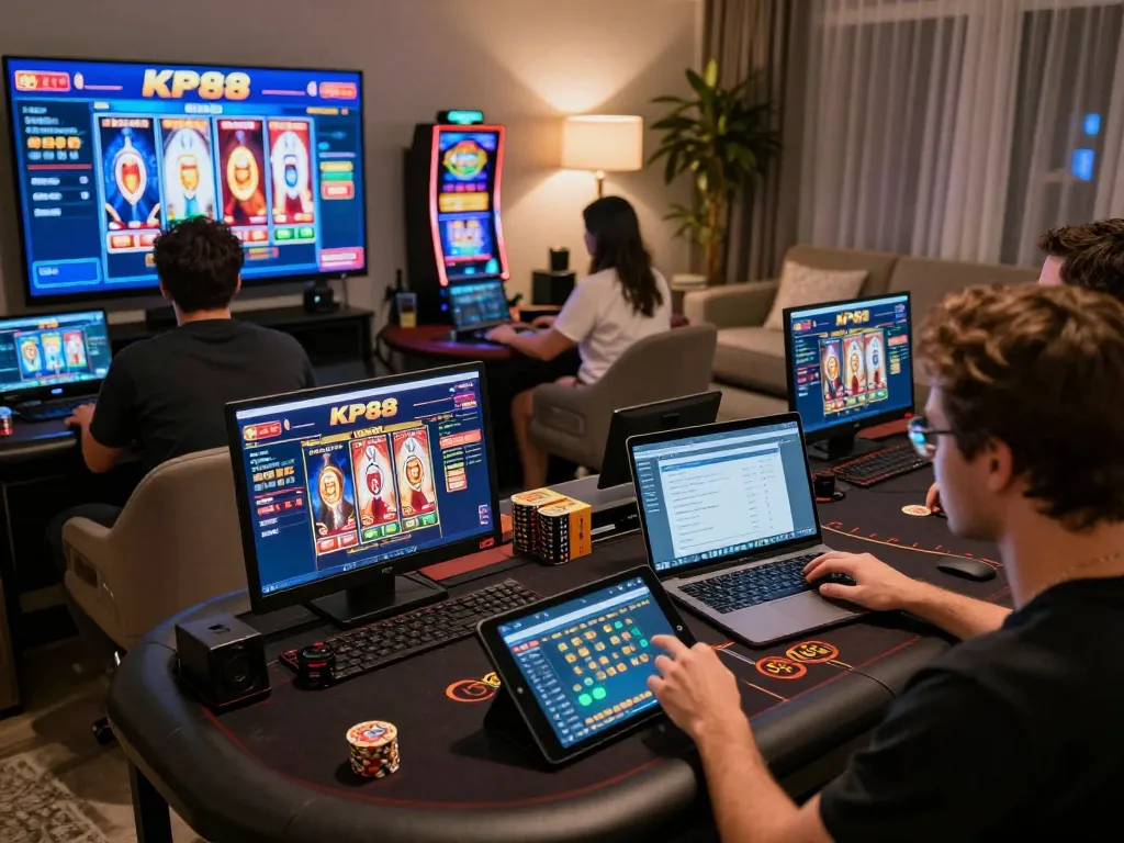 Engaging in online casino gaming on KP88 platform with vibrant interfaces and strategic analysis.