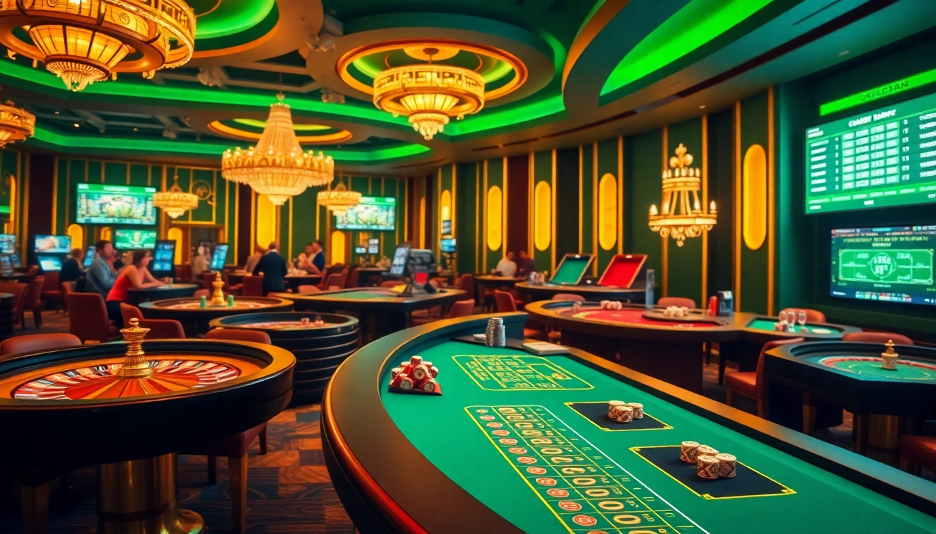Gambling enthusiasts enjoying a vibrant scene at nhà cái cm88 casino, featuring tables and chips.