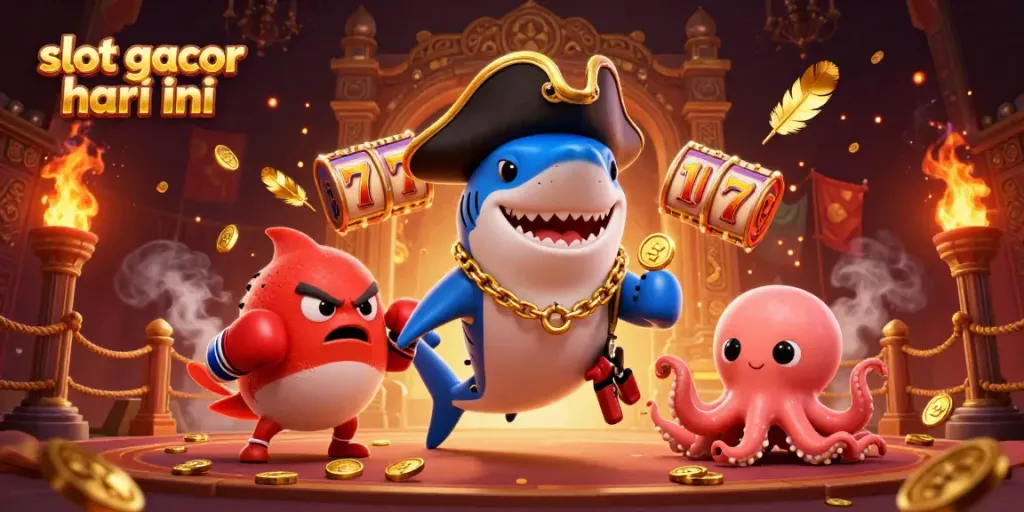 Slot gacor hari ini dengan karakter komedi laut, slot reel, dan koin emas yang dinamis.