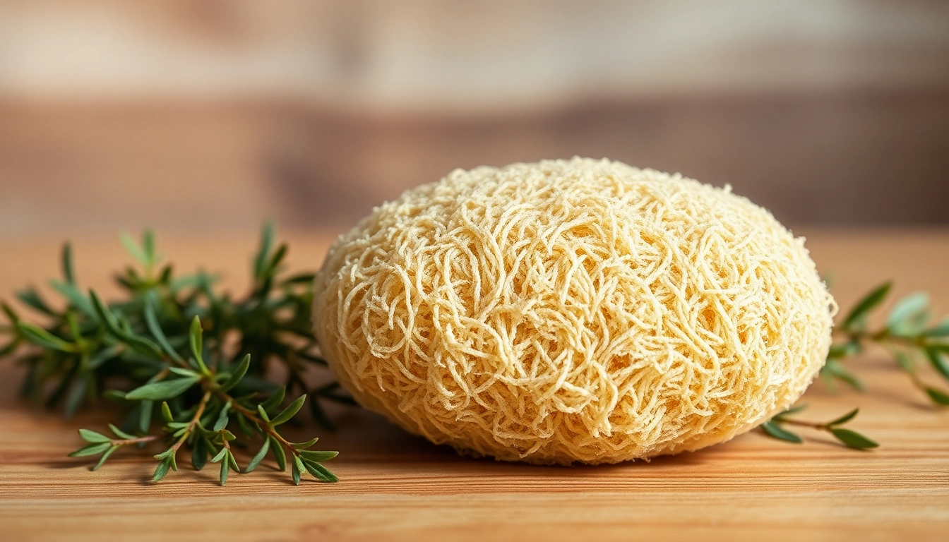 Exfoliating raw loofah sponge on a wooden surface with fresh herbs