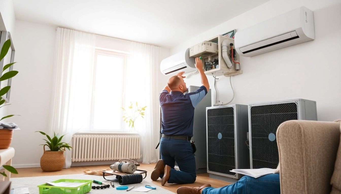 Installers adjusting energy-efficient HVAC systems with natural light in a modern home.