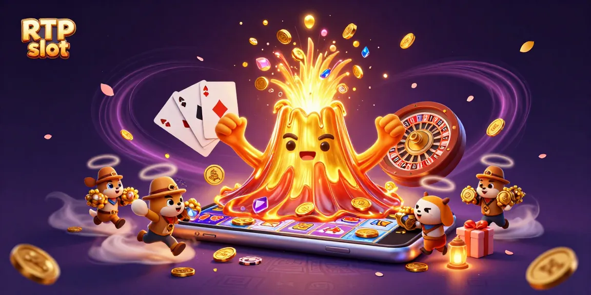 Engaging RTP slot scene with a golden volcano and treasure, showcasing vibrant casino action.