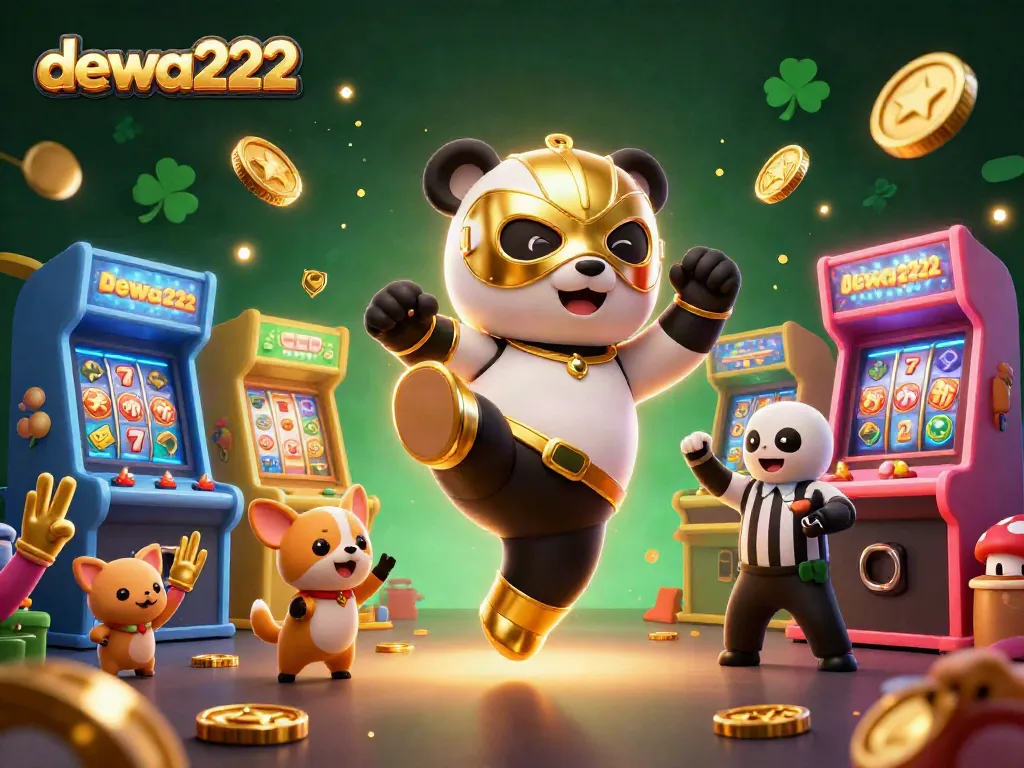 Spin to win at dewa222 with the dynamic scene of a panda wrestler kicking through colorful slot machines and excited fans.