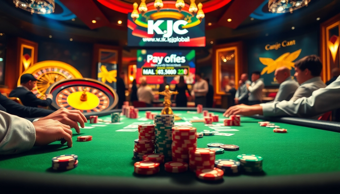 Engage in thrilling gameplay at https://www.kjc.global/ with vibrant casino visuals featuring poker tables and a roulette wheel.